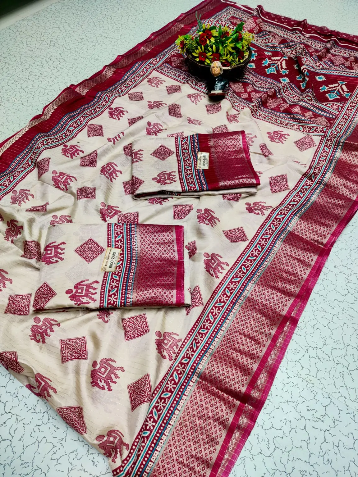 Elephant Block Print Zari Semi Silk Saree